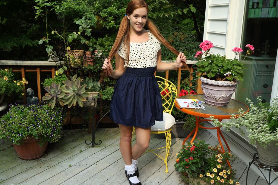 16P Young Kymberly Brix in pigtails undressing to play naughty naked games outside