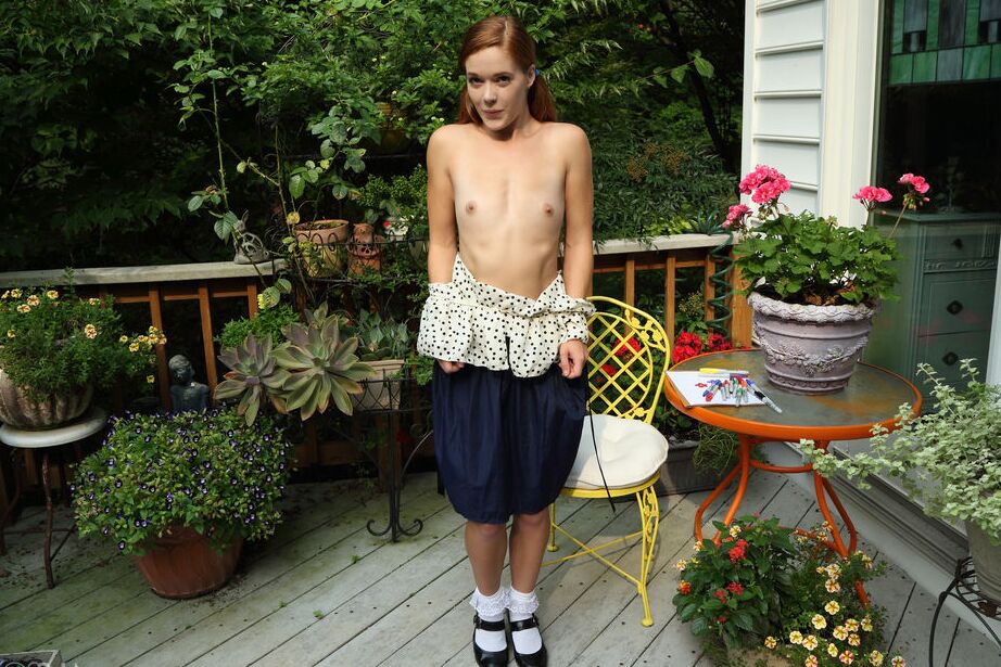 16P Young Kymberly Brix in pigtails undressing to play naughty naked games outside