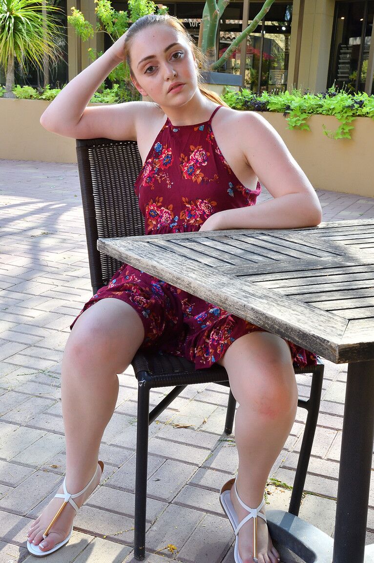 15P Teen first timer Sutton tugs on labia lips before dildoing on outdoor steps