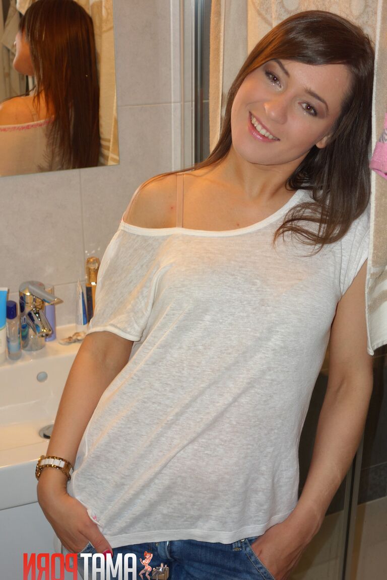 15P Sweet amateur girlfriend exposes her nice tits and hairy pussy in the bathroom
