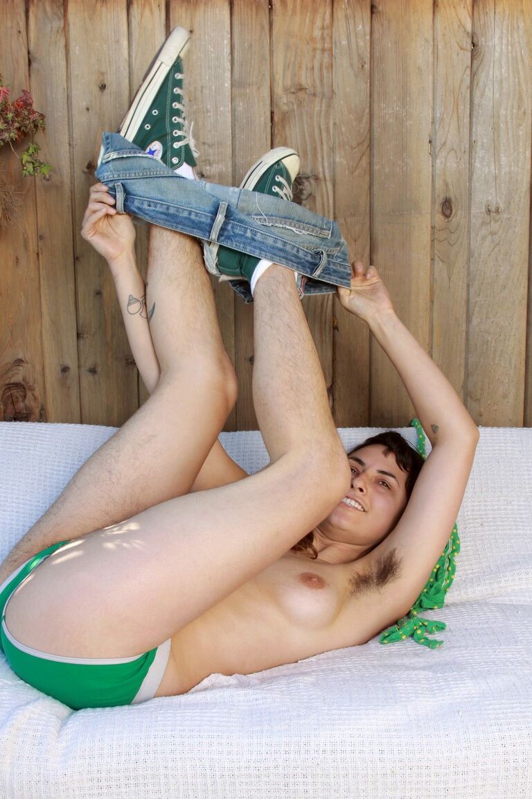 18P Brazen brunette Monica does backyard striptease to flaunt hairy ass & muff
