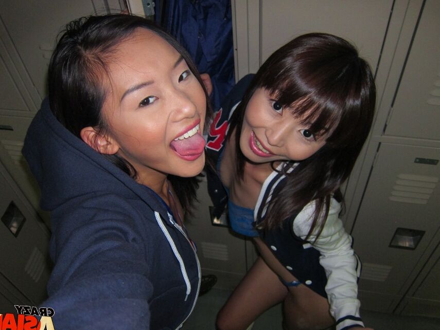 16P Young Asian amateur Alina Li and friend flashing flat chests in change-room