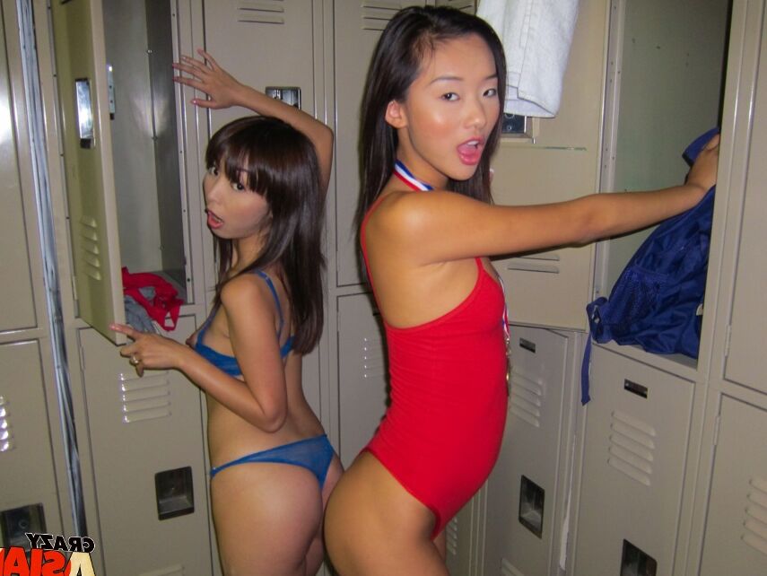 16P Young Asian amateur Alina Li and friend flashing flat chests in change-room
