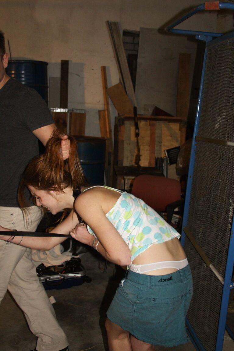17P Naughty pantiless teen Anouk bound with rope & gagged with tape in the barn
