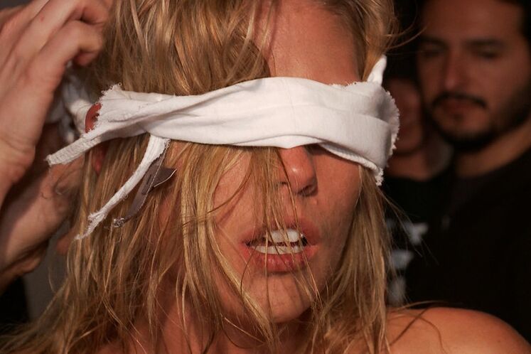12P Busty blonde is fucked in all three holes while restrained in a public bar