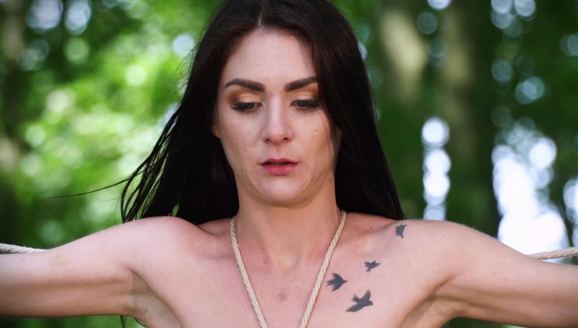 17P Submissive slave girl Lullu Gun tied up in the trees for outdoor nipple play