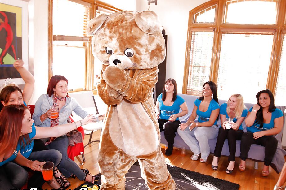 16P CFNM party with busty clothed chicks and a sexy wild bear dancing around