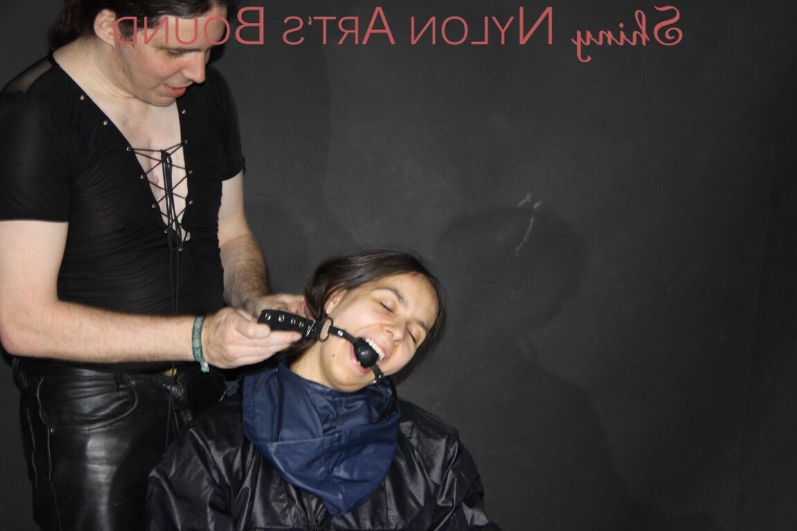 16P Watching our new model AIYANA wearing sexy shiny nylon rainwear being bound