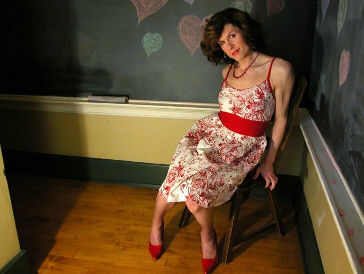 15P Retro styled Tgirl Delia dressed up for the dance in nylon hose