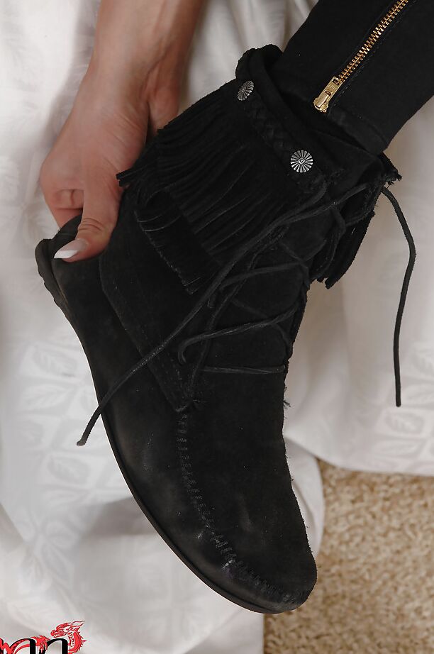 16P European blonde Chelsey Lanette removing boots and socks and finally her thong