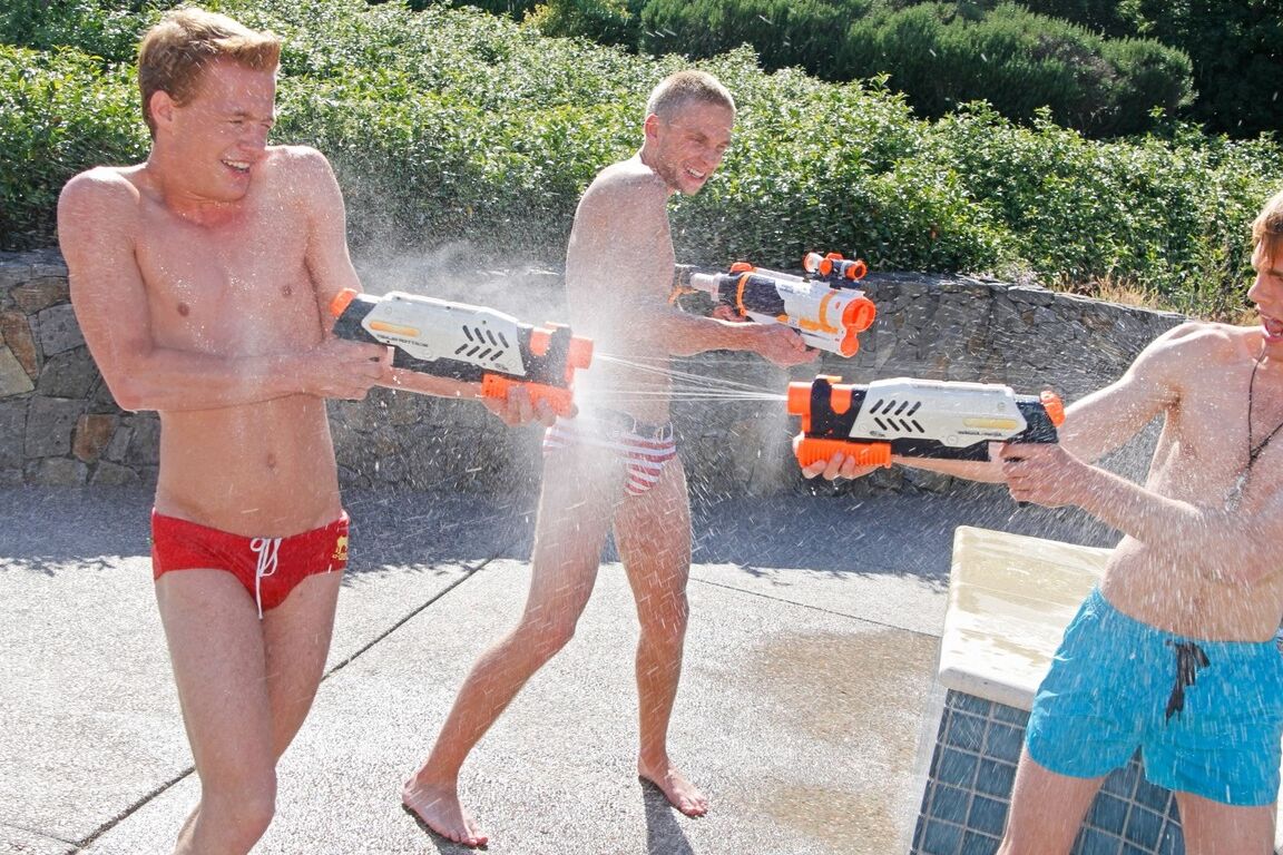 21P Three horny gays play poolside before fucking each other inside the house