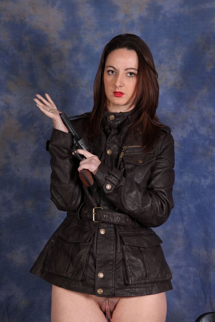 15P Bottomless female works clear of black leather jacket during solo action
