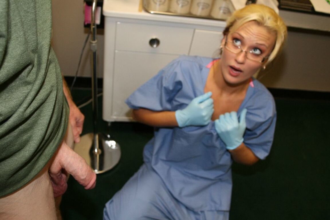 11P Blonde nurse in latex gloves jerks on a man's dick while examining his balls
