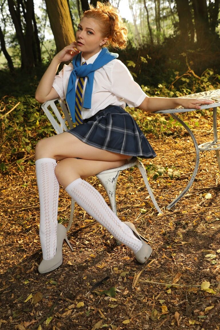 16P Scarlett Foxett from Only Tease in a college uniform with a plaid miniskirt