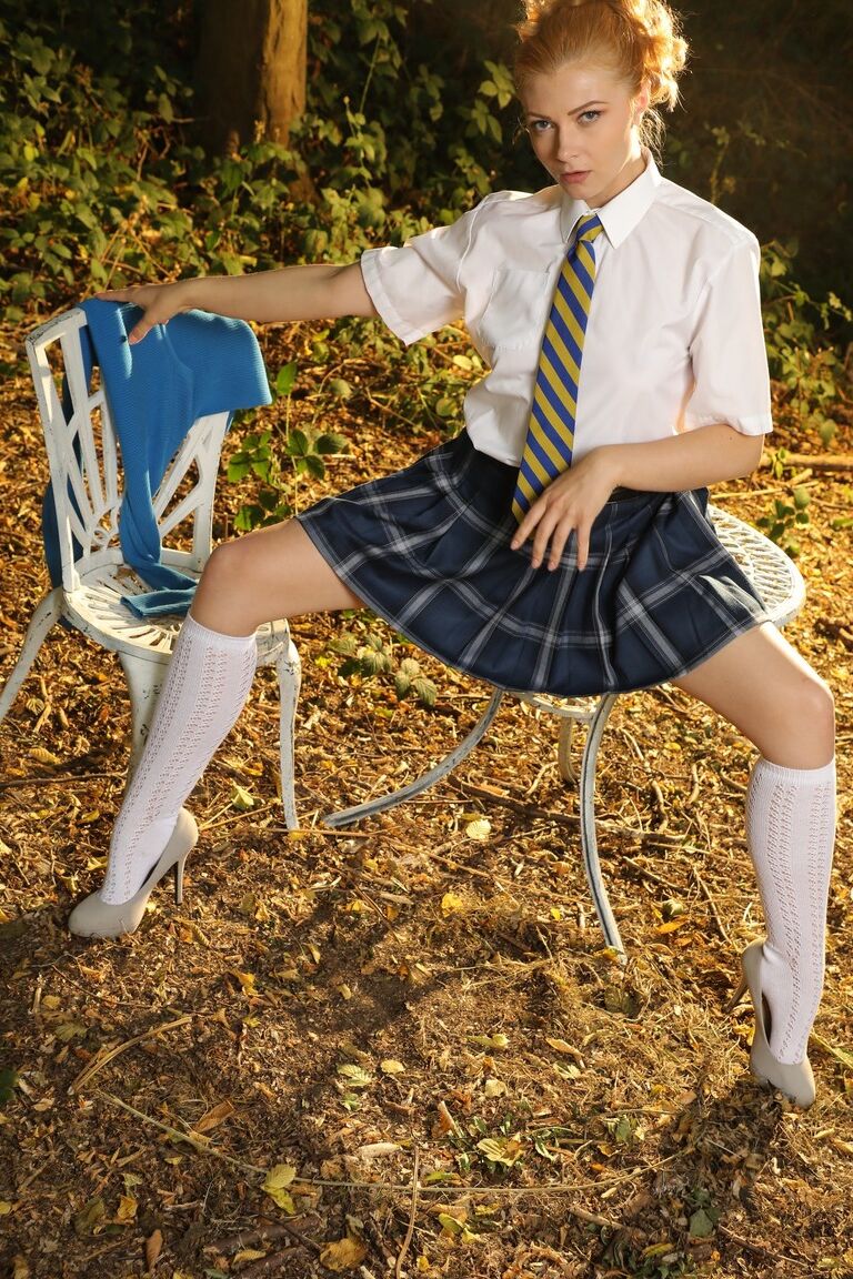 16P Scarlett Foxett from Only Tease in a college uniform with a plaid miniskirt