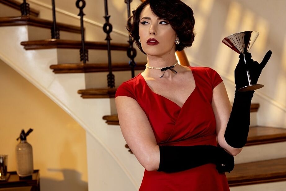 12P Classy woman Casey Calvert strips to retro nylons after chess and a martini
