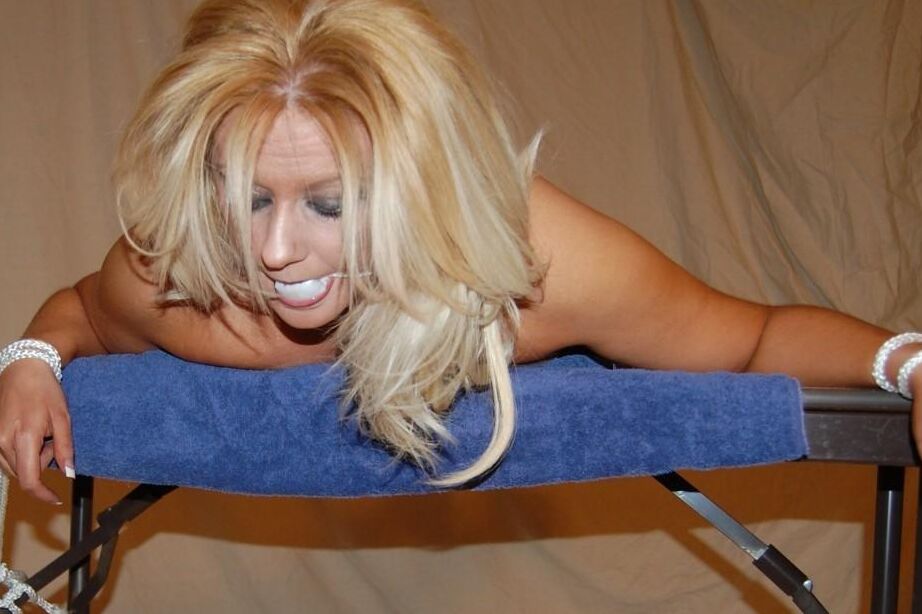 16P Blonde chick is gagged while tied up with rope in crotchless pantyhose