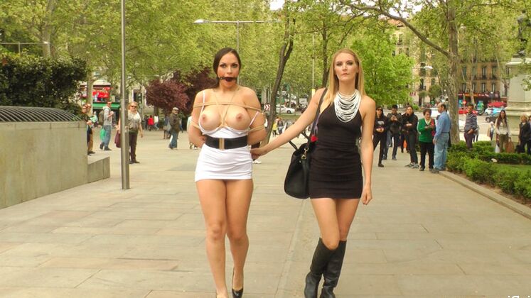 15P 巨乳の女の子がトップレスで猿ぐつわをされたまま街中をパレードされ、公開セックスされる
