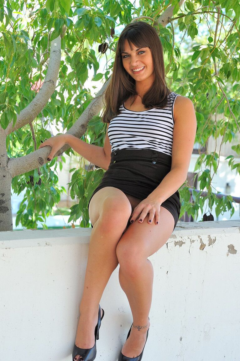 16P Girl next door type hikes up her skirt in public and tugs on her labia lips