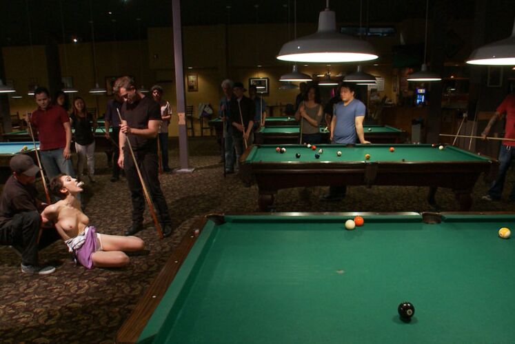 15P Naked brunette is restrained and penetrated inside a billiard club