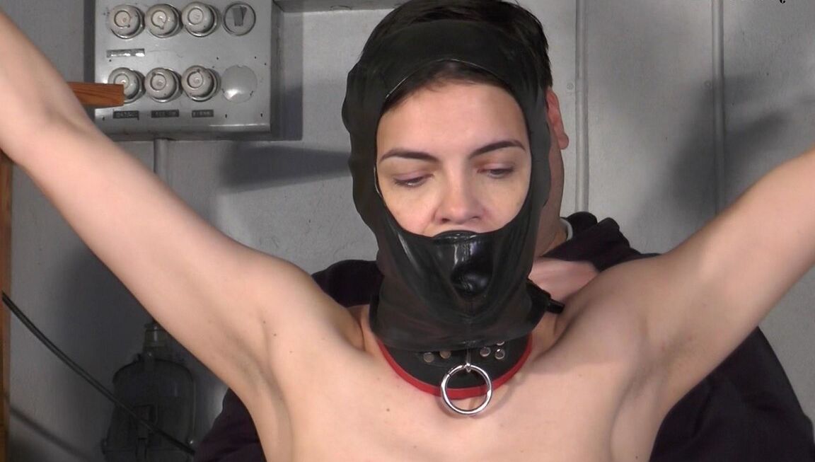 16P Collared female with black hair is restrained by her wrists for nipple play