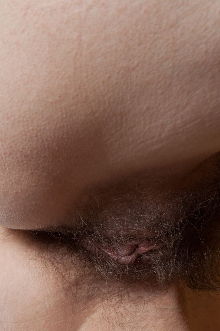 21P Hot brunette Rose Nore giving inviting up-close views of her spread hairy cunt