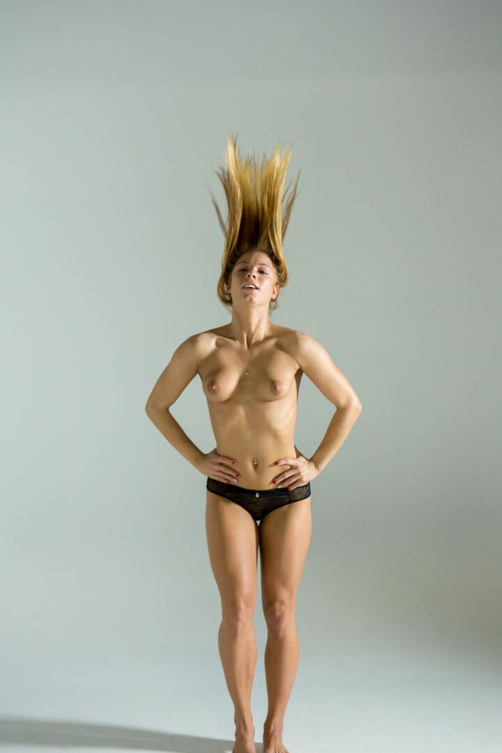 16P Flexy blonde Chrissy Fox removes spaghetti strap top and panties to pose nude