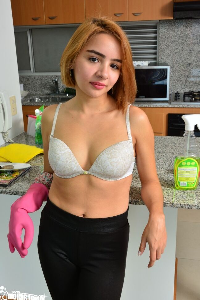 21P Adorable petite Colombian maid Julia Garcia polishing knob & getting banged