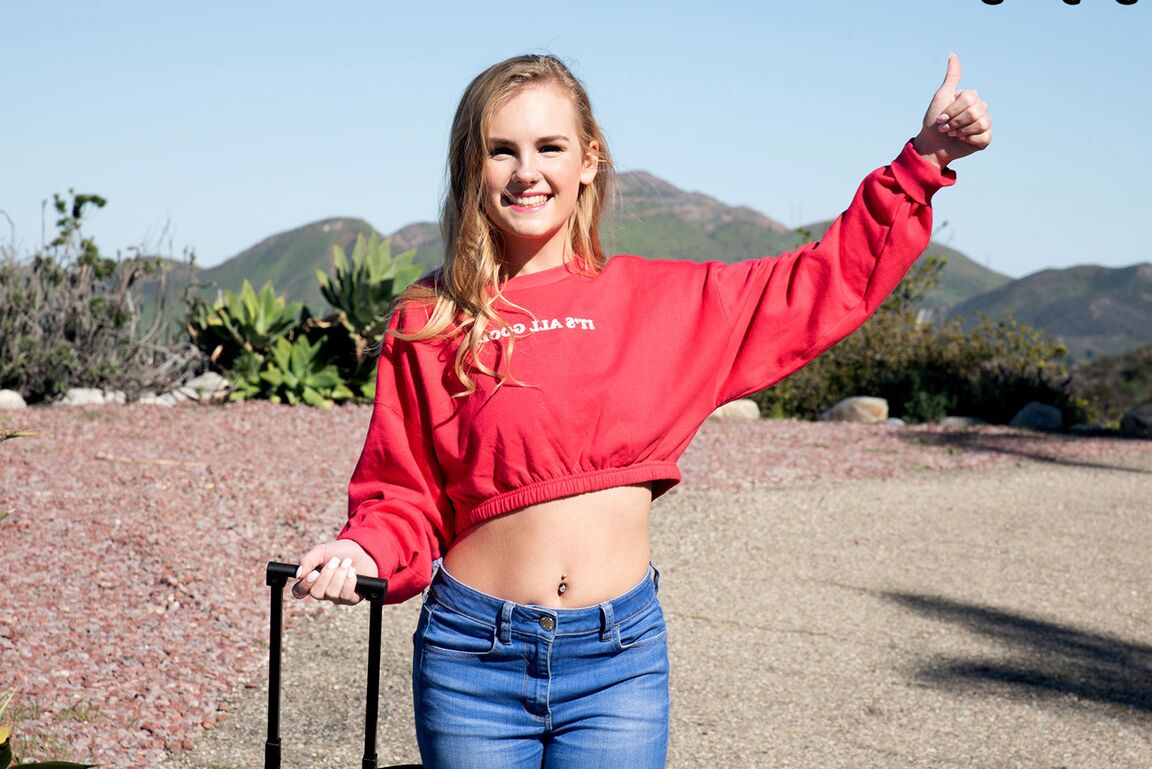 16P Blond girl Natalie Knight exposes her nice tits while hitching a ride in jeans