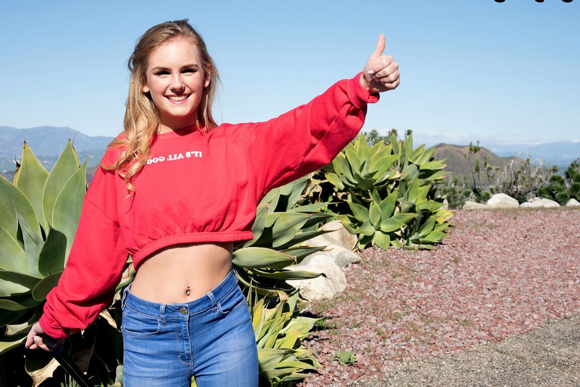 16P Blond girl Natalie Knight exposes her nice tits while hitching a ride in jeans