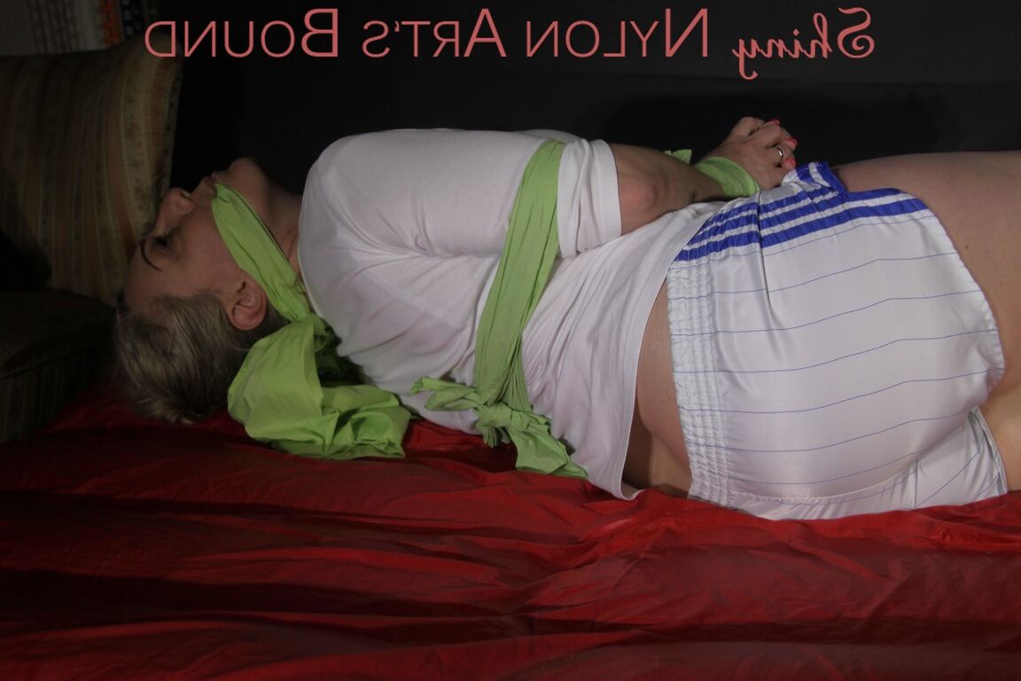 16P Sophie tied and gagged in white Shiny Nylon Shorts