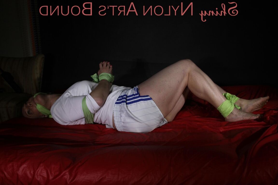 16P Sophie tied and gagged in white Shiny Nylon Shorts