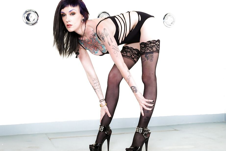 16P Fetish model In black stockings and high heels strips for solo masturbation