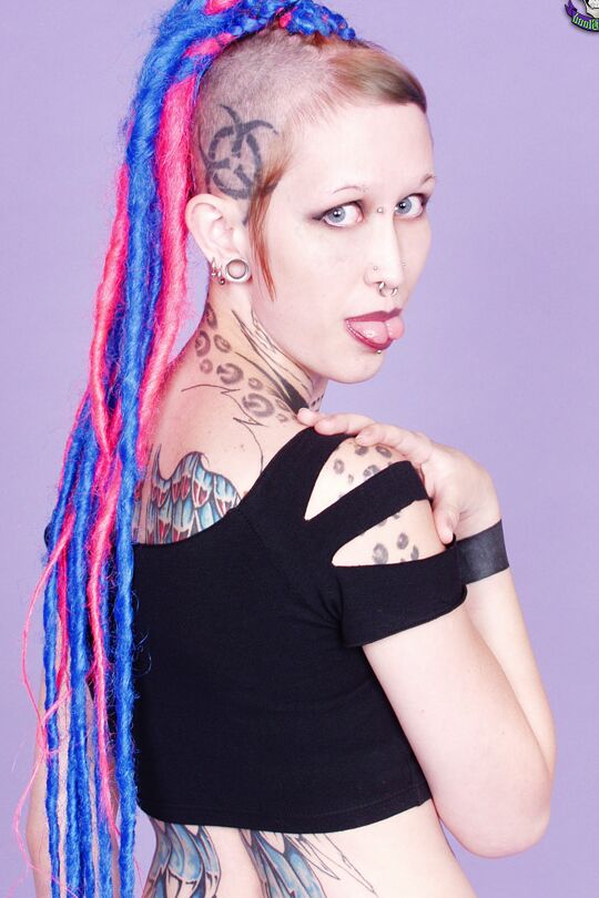 16P Tattooed girl Jax sticks her tongue out after stripping to her goth boots