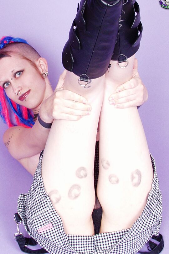 16P Tattooed girl Jax sticks her tongue out after stripping to her goth boots