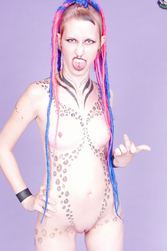 16P Tattooed girl Jax sticks her tongue out after stripping to her goth boots