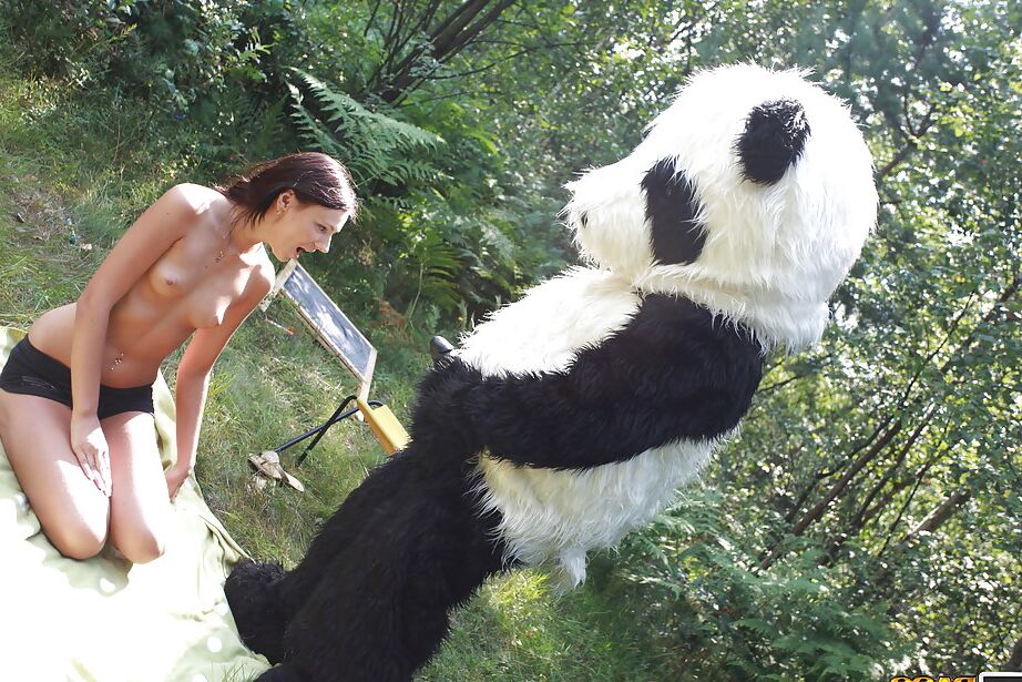 16P Naughty teen cutie with svelte body have some fun with a panda toy outdoor