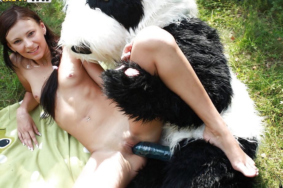 16P Naughty teen cutie with svelte body have some fun with a panda toy outdoor