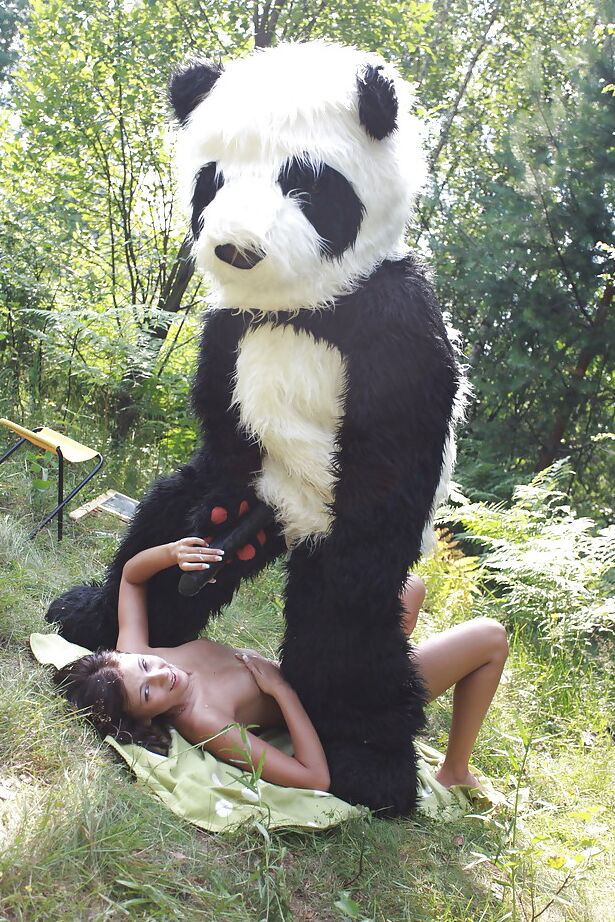 16P Naughty teen cutie with svelte body have some fun with a panda toy outdoor