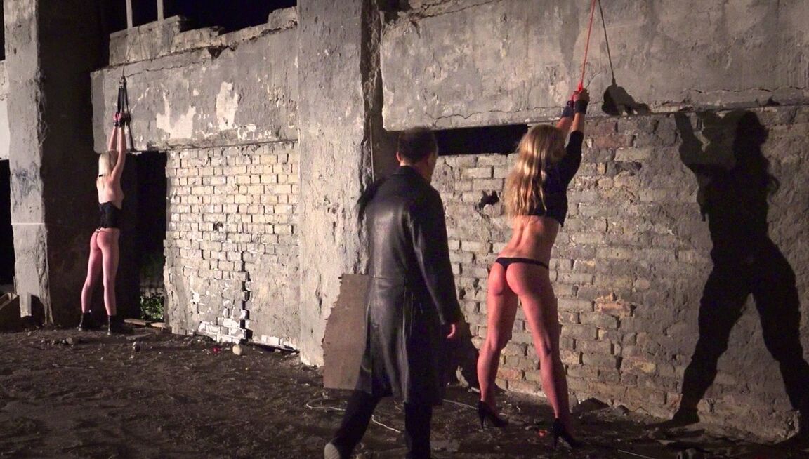 21P Sex slaves giving their BDSM handler a double blowjob after a whipping
