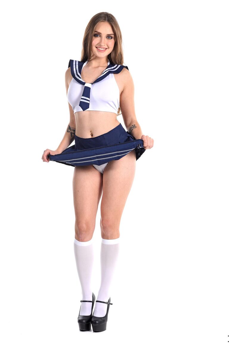 15P Solo model Lena Reif strips off her cute uniform only to put it back on again