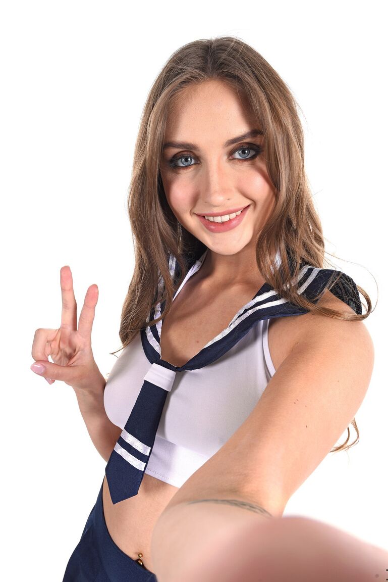 15P Solo model Lena Reif strips off her cute uniform only to put it back on again