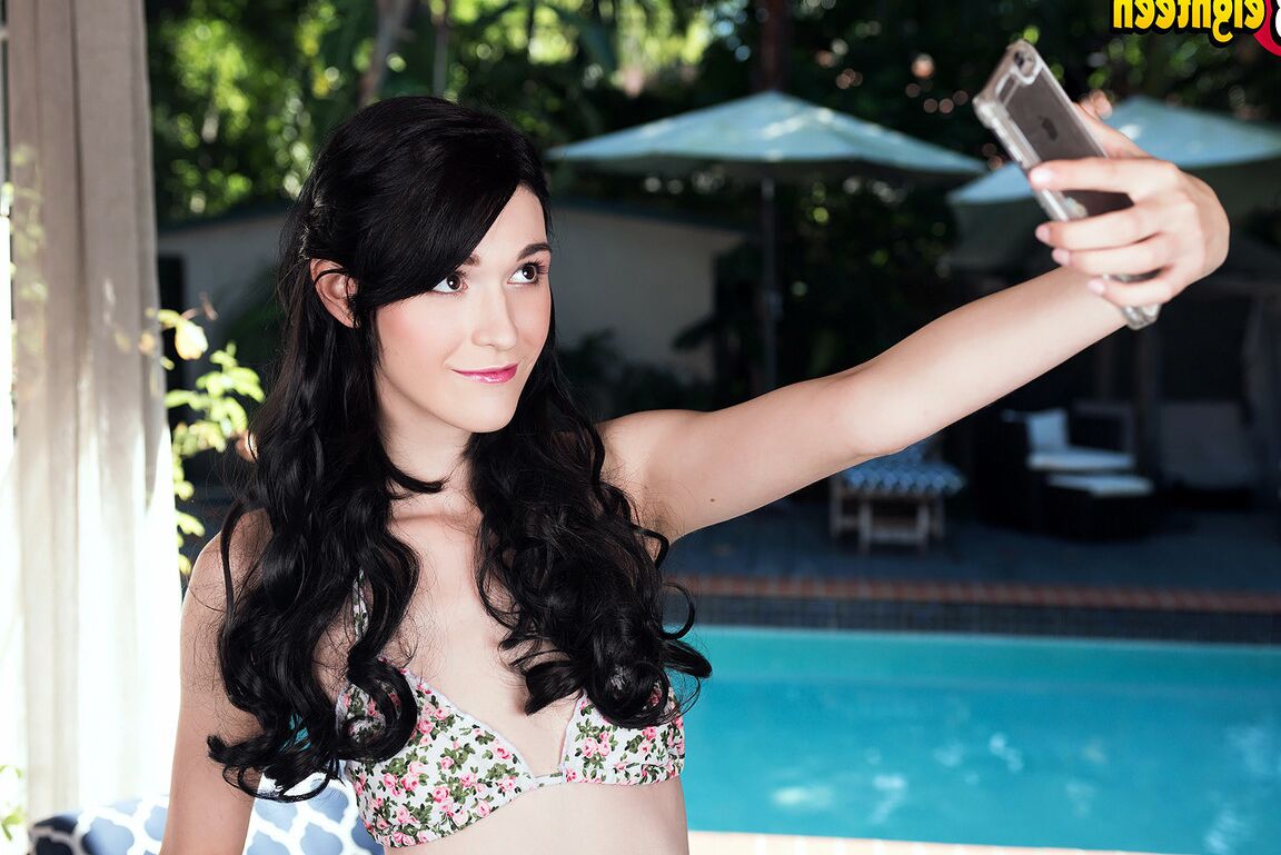 16P Brunette teen Ivy Aura takes selfies before having her tiny tits played with