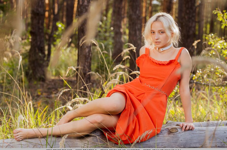 18P Lily Shawn bewitchingly slips out off her red dress and uncovers her slender