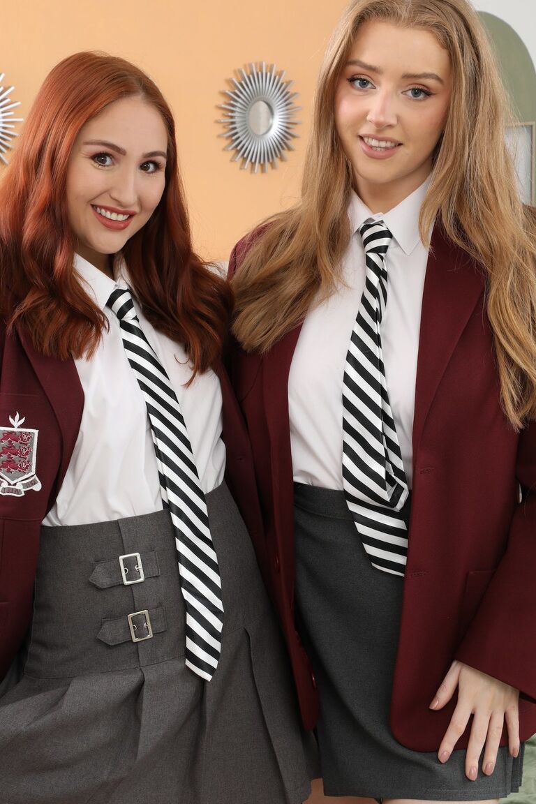 16P Jen Loveheart and Rachelle from Only Tease in college uniforms with high heels