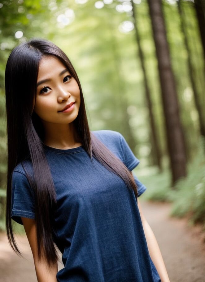 La novia asiática 10P AI generada Mira Delta hace alarde de su cuerpo desnudo en el bosque
