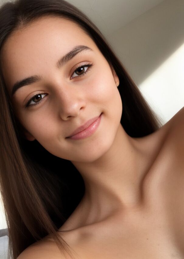12P La belle brune Ash Baby expose ses petits seins et pose nue