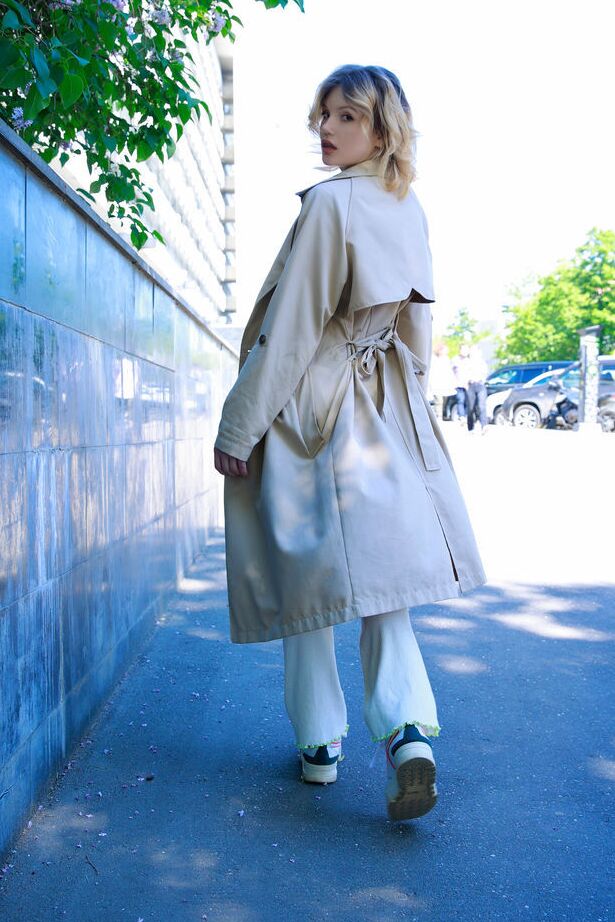 18P Charming teen Florens flashes in an overcoat before getting naked