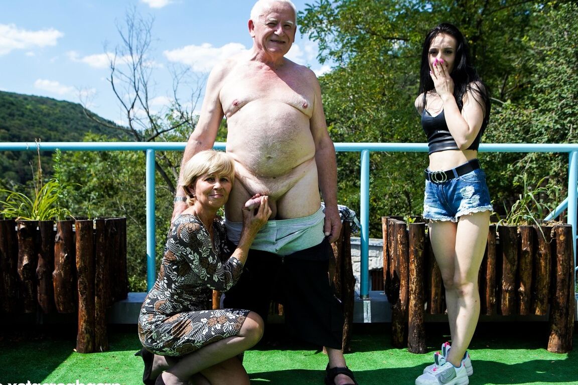 21P Slutty brunette Lori enjoys an outdoor threesome with an old couple