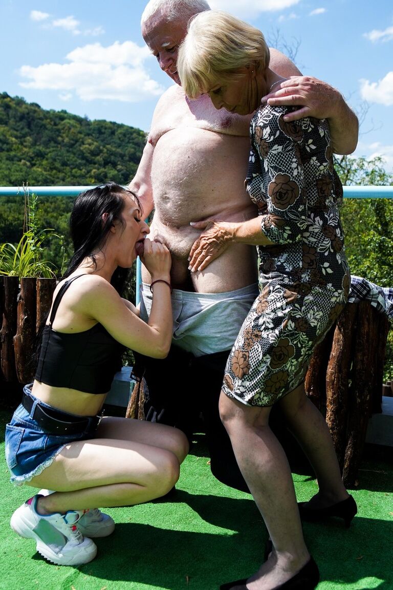 21P Slutty brunette Lori enjoys an outdoor threesome with an old couple